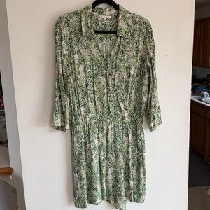 CAbi Green and Cream Leaf-Print Shirt Dress